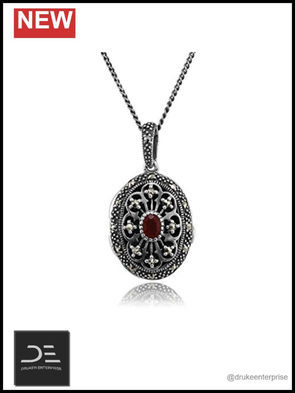 925 Sterling Silver Cornelian Marcasite Oval Locket Necklace
